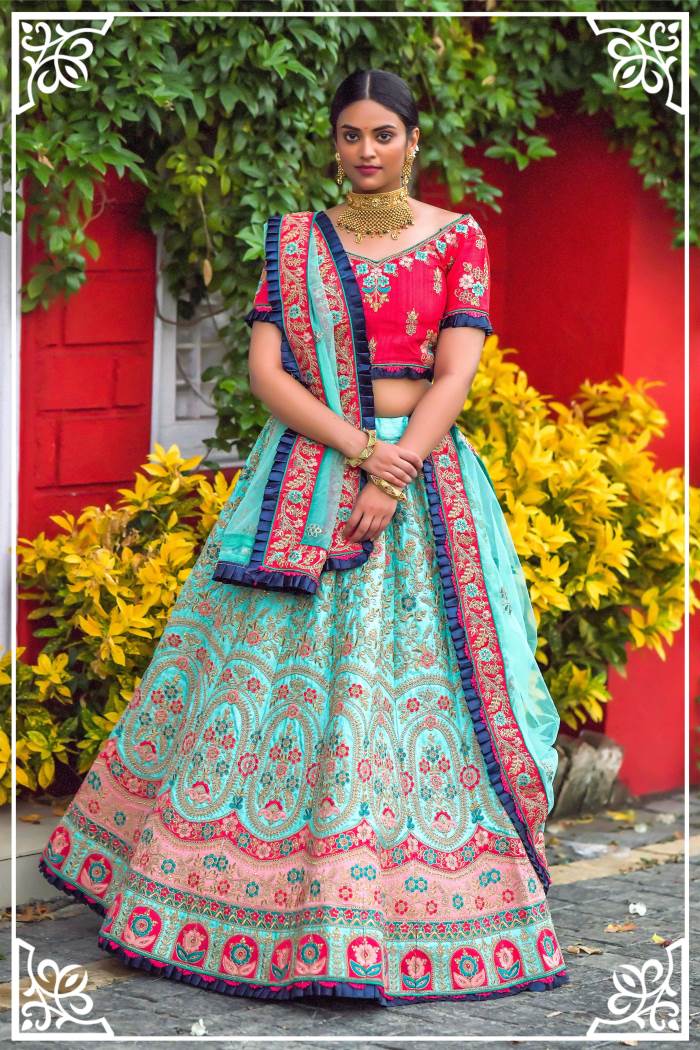 Rani and Sky Blue Color Combination Designer Semi-Stitched Lehenga Choli With Dupatta Rani and Sky Blue Color Combination Designer Semi-Stitched Lehenga Choli With Dupatta