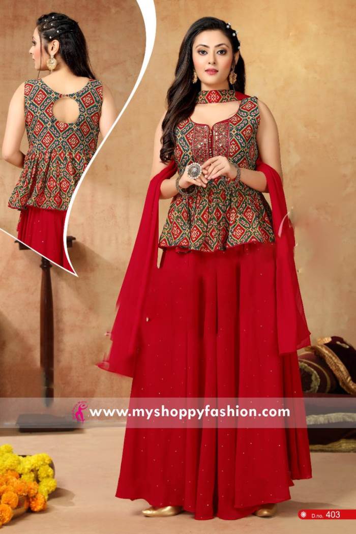 Grey and Red Color Patola Style Plazo Suit