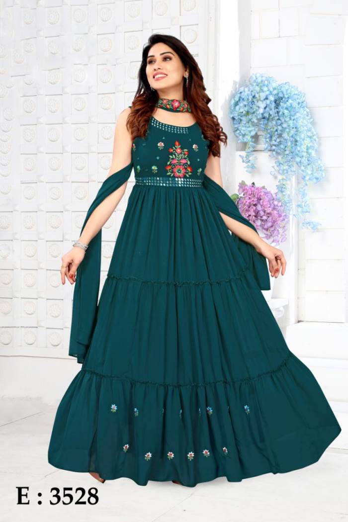 Peacock Blue Color Casual Wear Gown Kurti With Dupatta