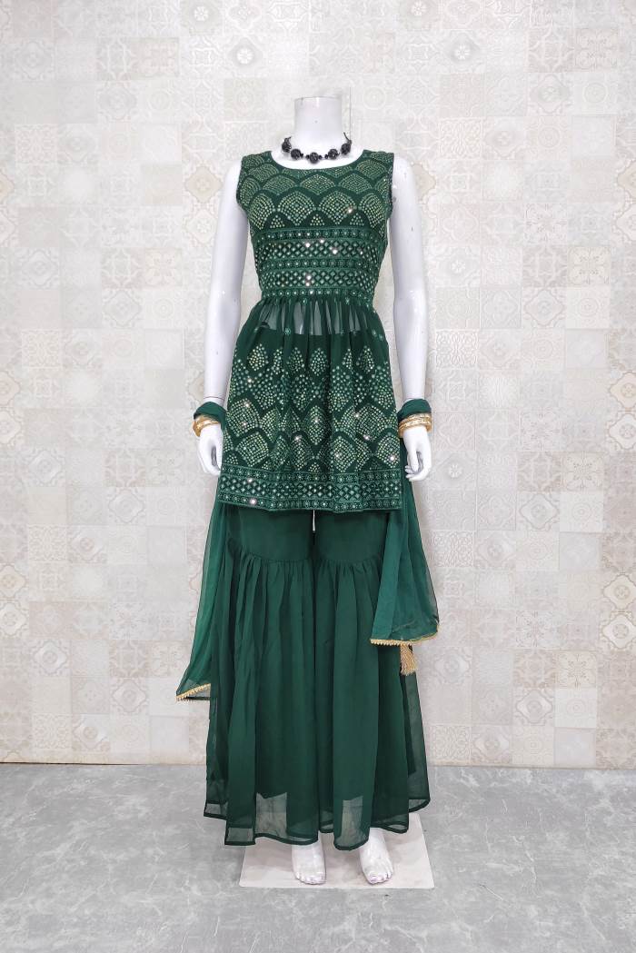 Green Color Party Wear Indo Western Gharara Suit