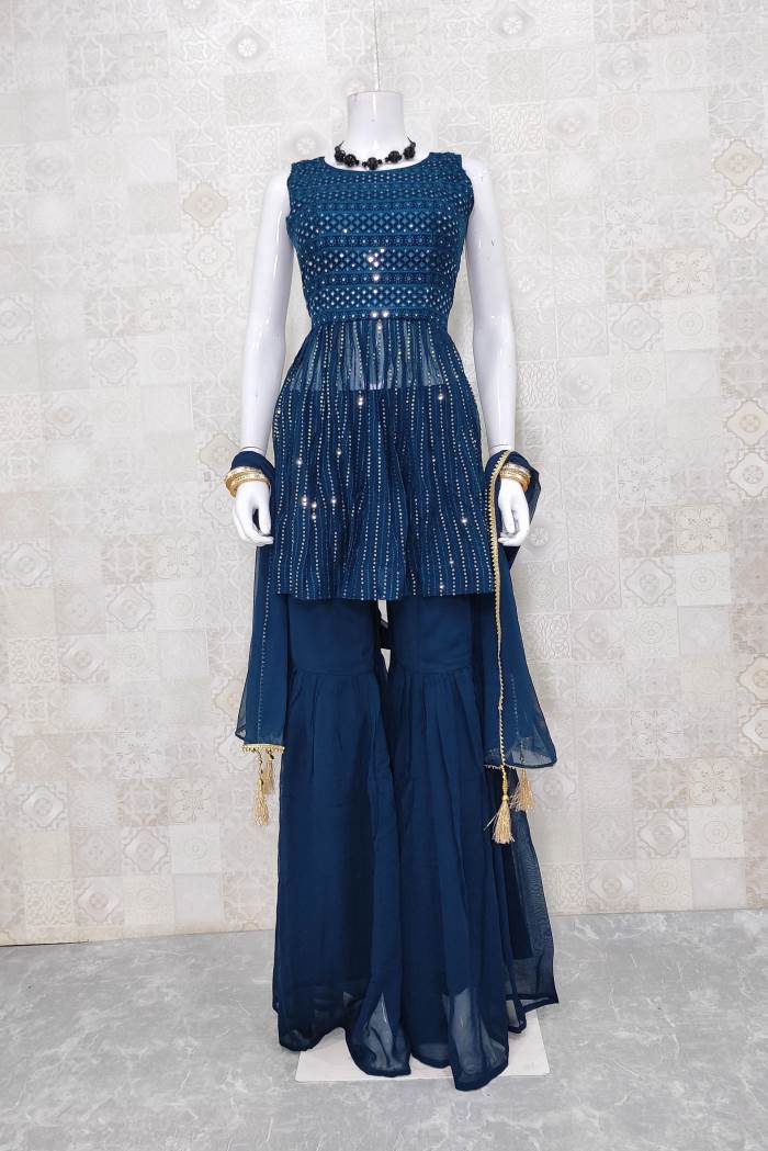 Peacock Blue Color Party Wear Indo Western Gharara Suit