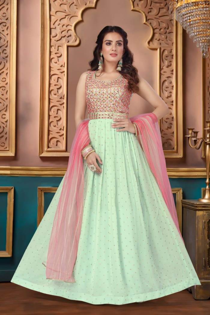 Pista Color Party Wear Designer Gown With Belt