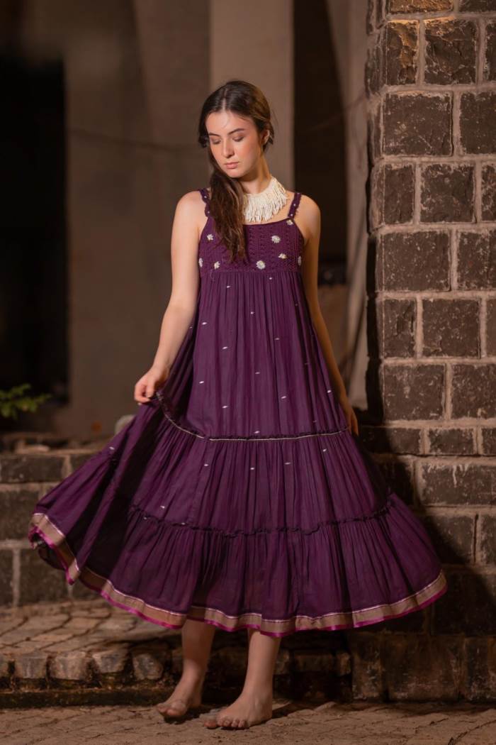 Purple Color Spaghetti style Cotton flair Kurti