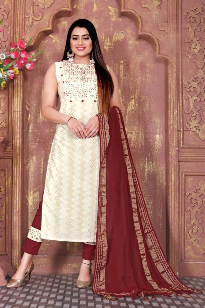 Cream Color Casual Wear Designer Kurti Set