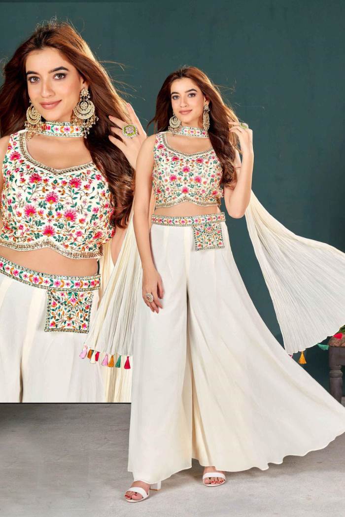 Cream Color Party Wear Designer Indo-Western Plazo With Choli