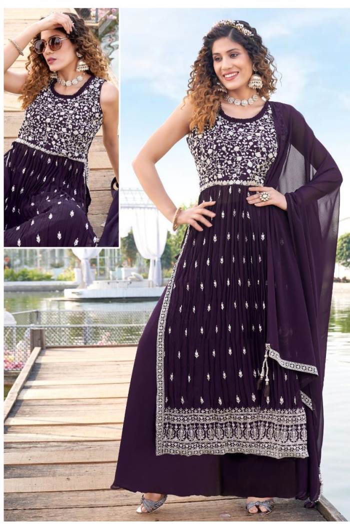 Wine Color Party Wear Designer Indo-Western Plaazo Suit