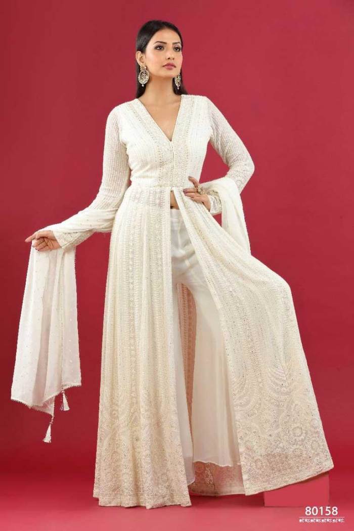 White Color Party Wear Designer Indo-Western Plazo Suit