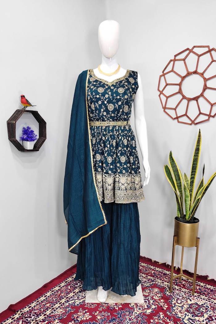 Peacock Blue Color Party Wear Designer Indo-Western Plazo Suit
