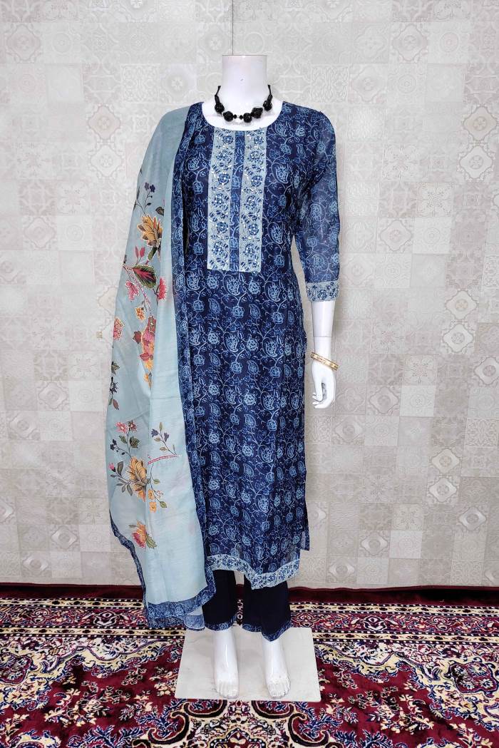 Navy Blue Color Casual wear Kurti Set with Dupatta