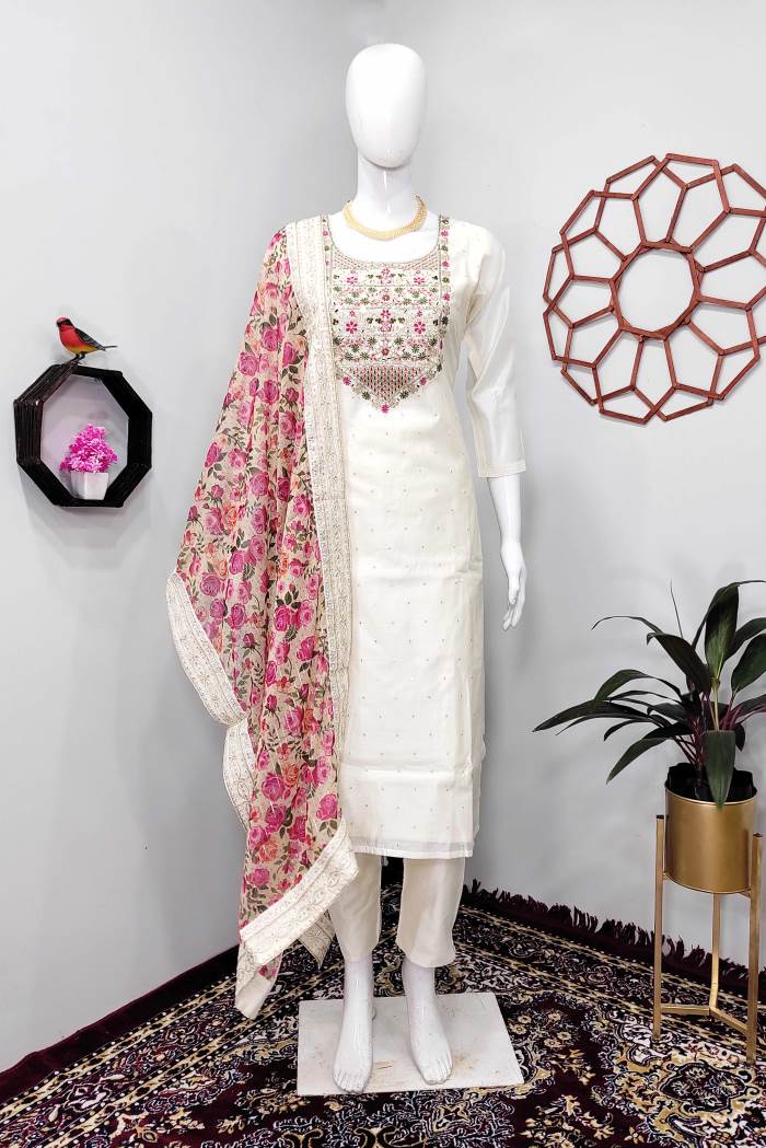 Cream Color Party Wear Designer Straight Long Suit