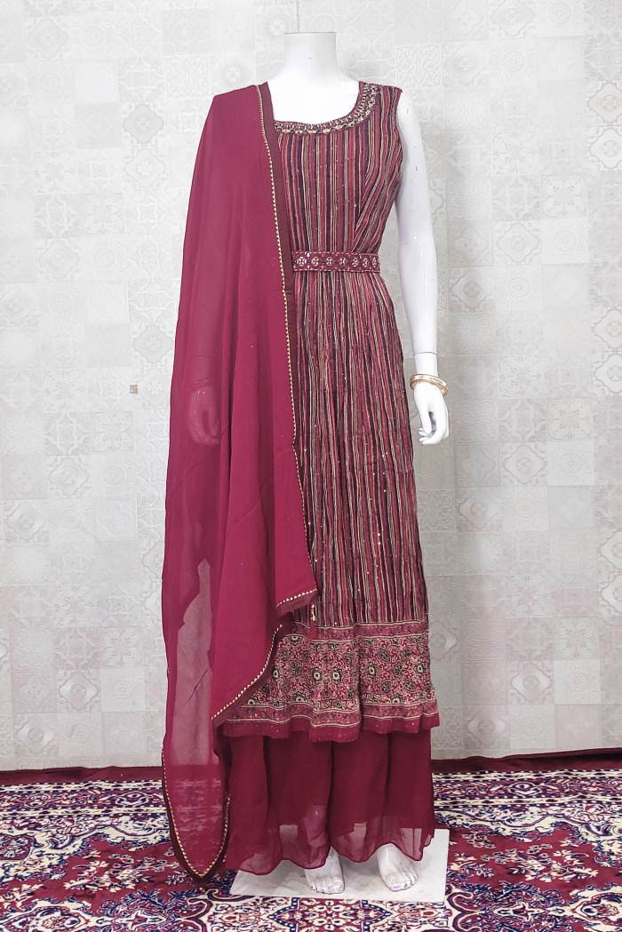 Red Color Party Wear Designer Indo-Western Plaazo Suit