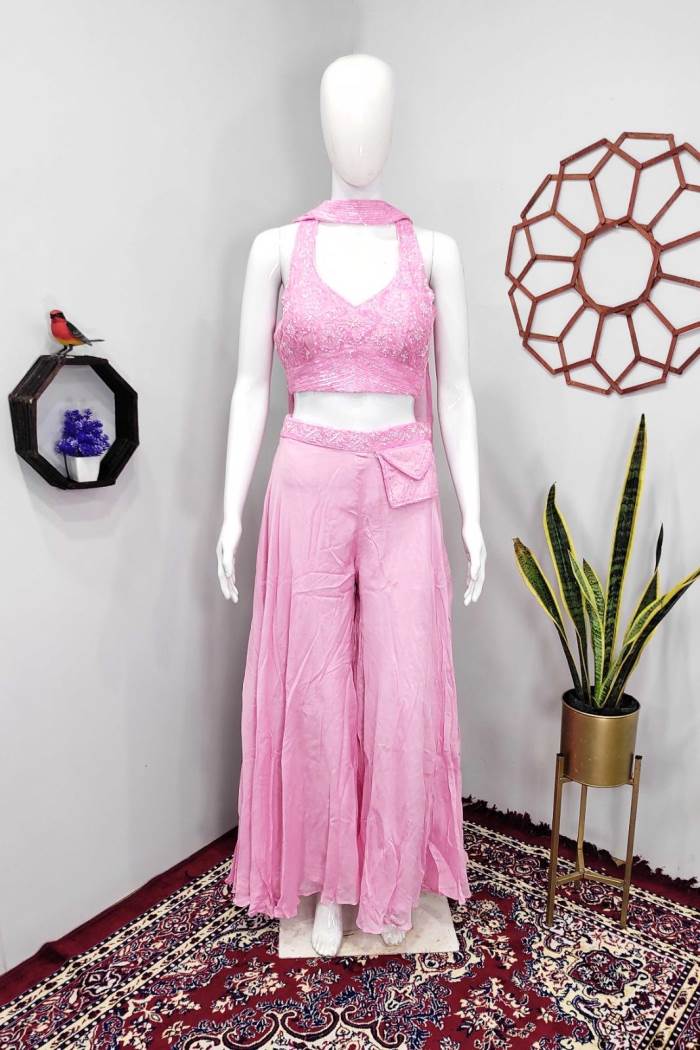 Pink Color Party Wear Designer Plazo With Choli