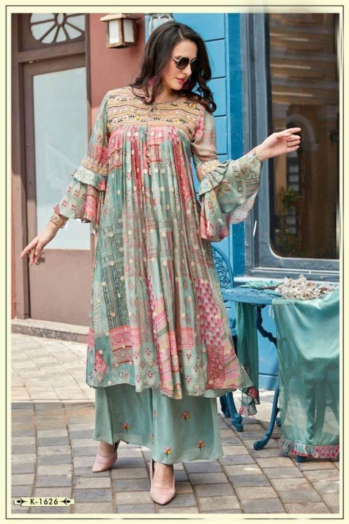 Pista Color Party Wear Designer Indo-Western Plazo Suit