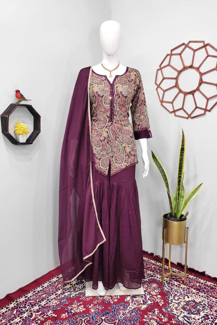 Wine Color Party Wear Designer Indo-Western Plazo Suit