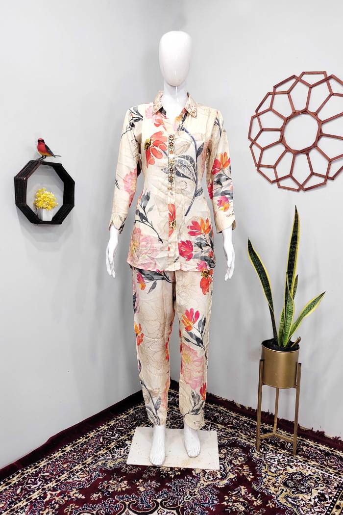 Cream Color Party Wear Designer CO ORD Set