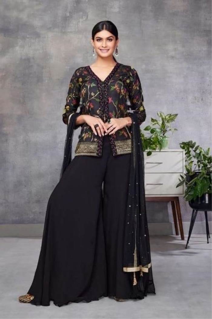 Black Color Party Wear Designer Indo-Western Plazo Suit