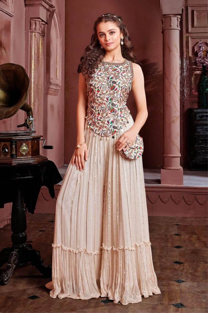 Cream Color Party Wear Designer Plazo Suit