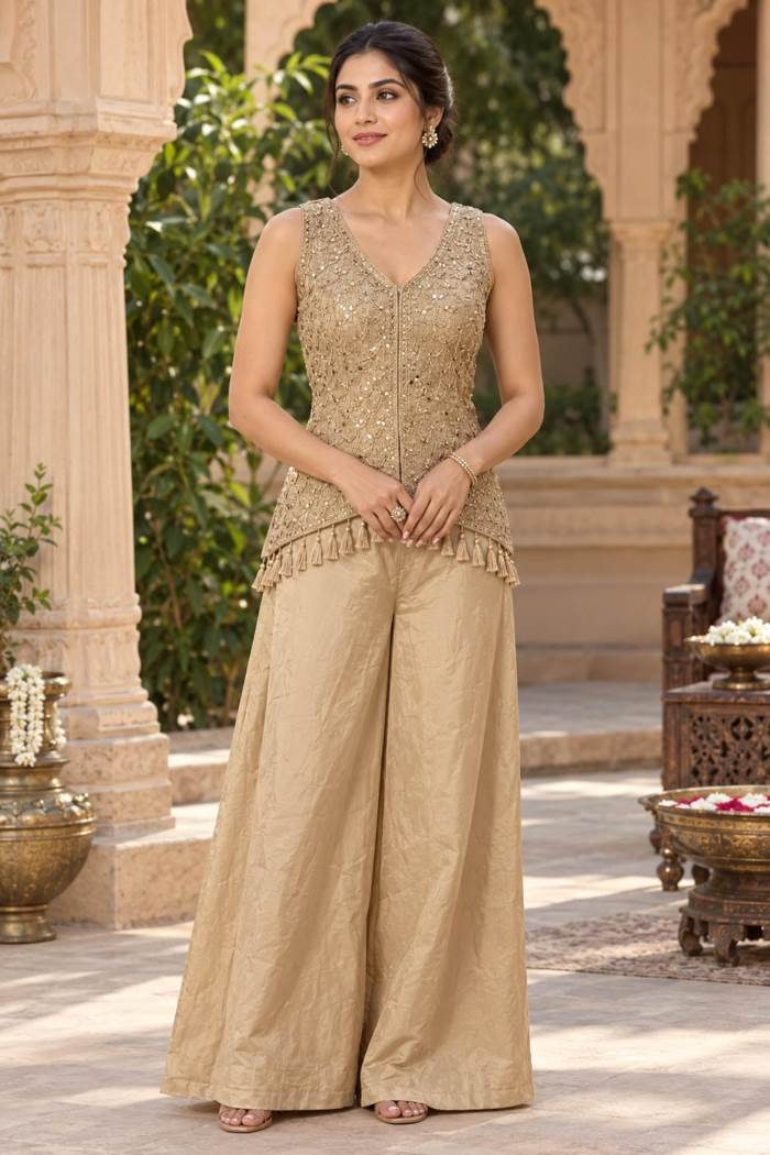Chiku Color Party Wear Designer Indo-Western Plazo Suit 