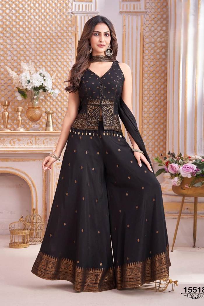 Black Color Party Wear Designer Plazo Suit