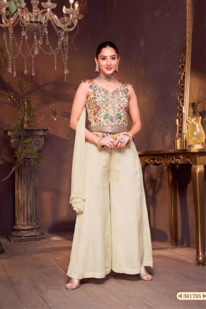Cream Color Party Wear Designer Plazo Suit