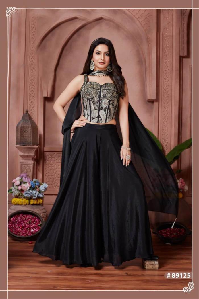 Black Color Party Wear Designer Plazo Suit