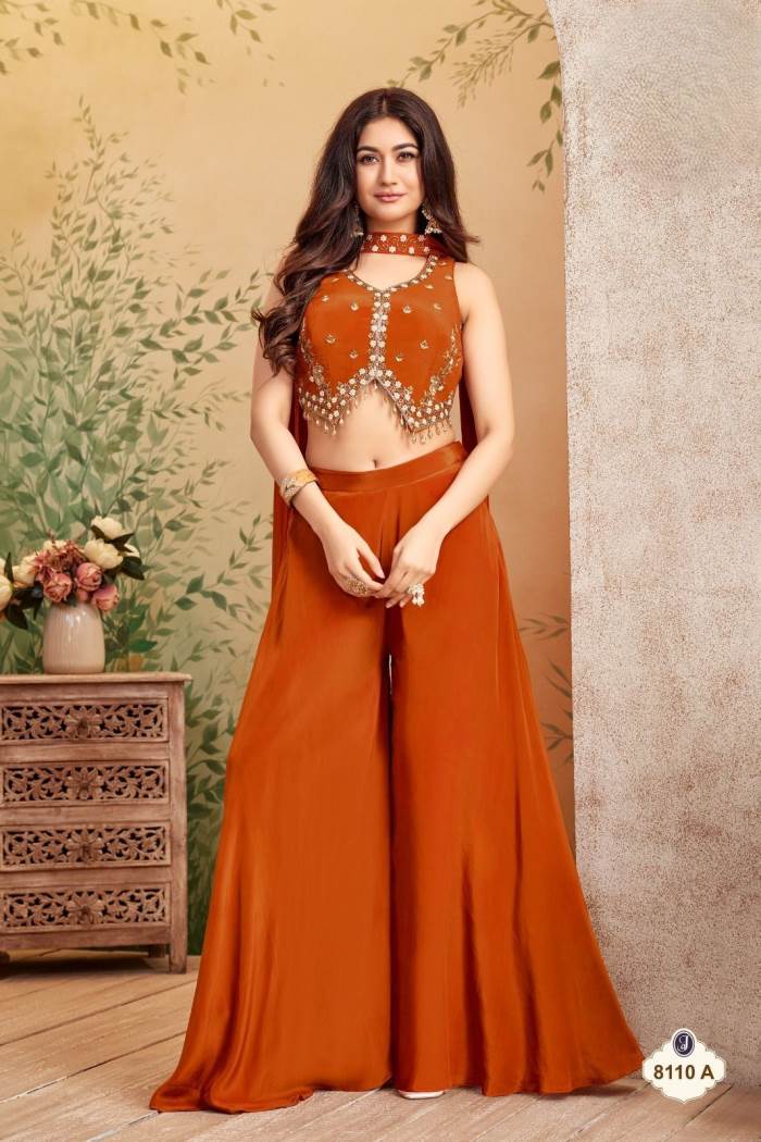 Rust Color Party Wear Designer Plazo Suit