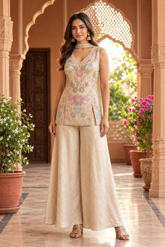 Cream Color Party Wear Designer Short Plazo Suit