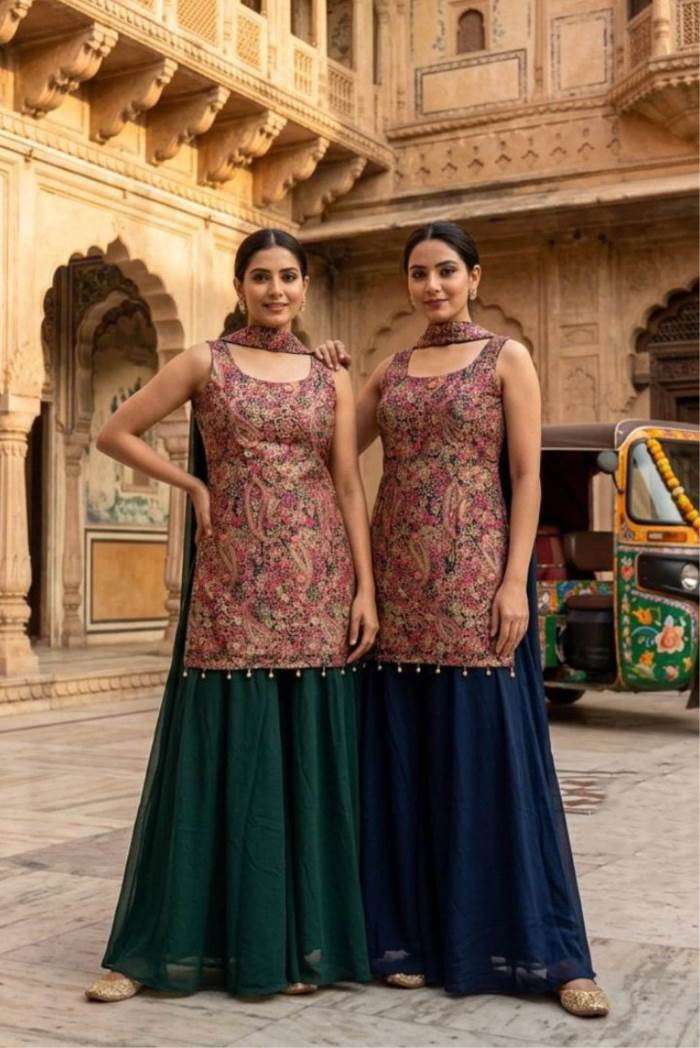 Green Color Party Wear Designer Look Short Plazo Suit