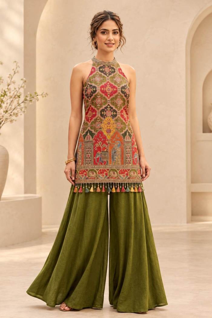 Mahendi Color Party Wear Designer Short Plazo Suit