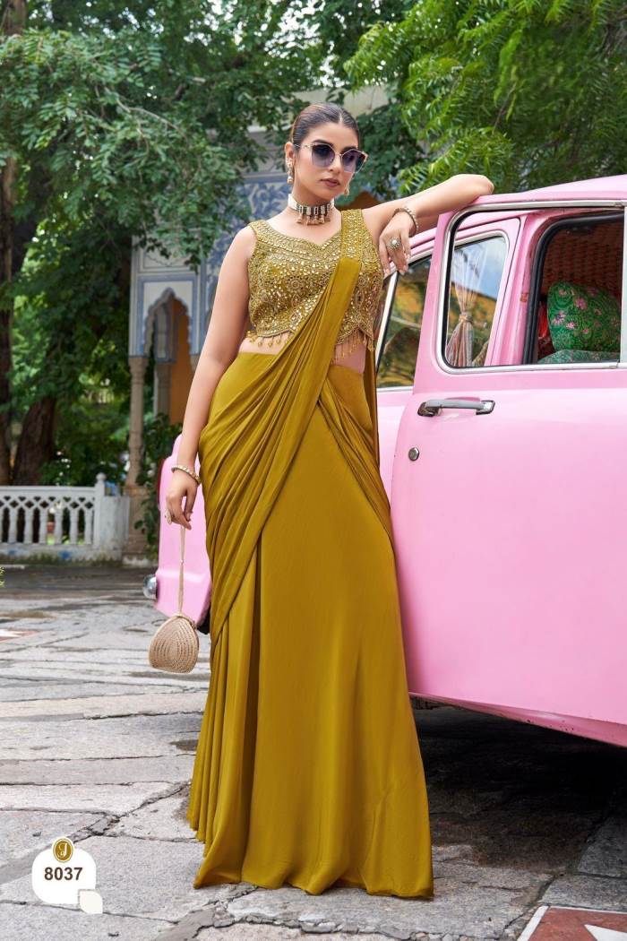 Mustard Color Party Wear Designer Indo-Western Saree Choli