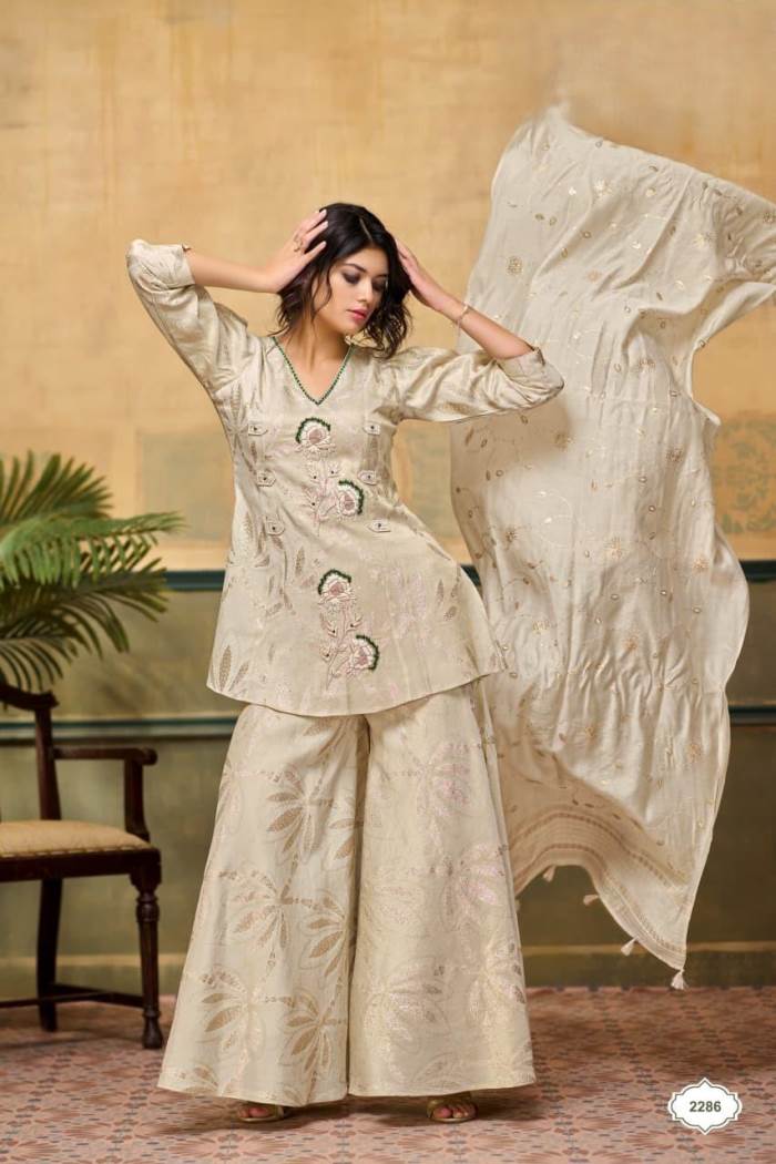 Cream Color Party Wear Designer Plazo Suit