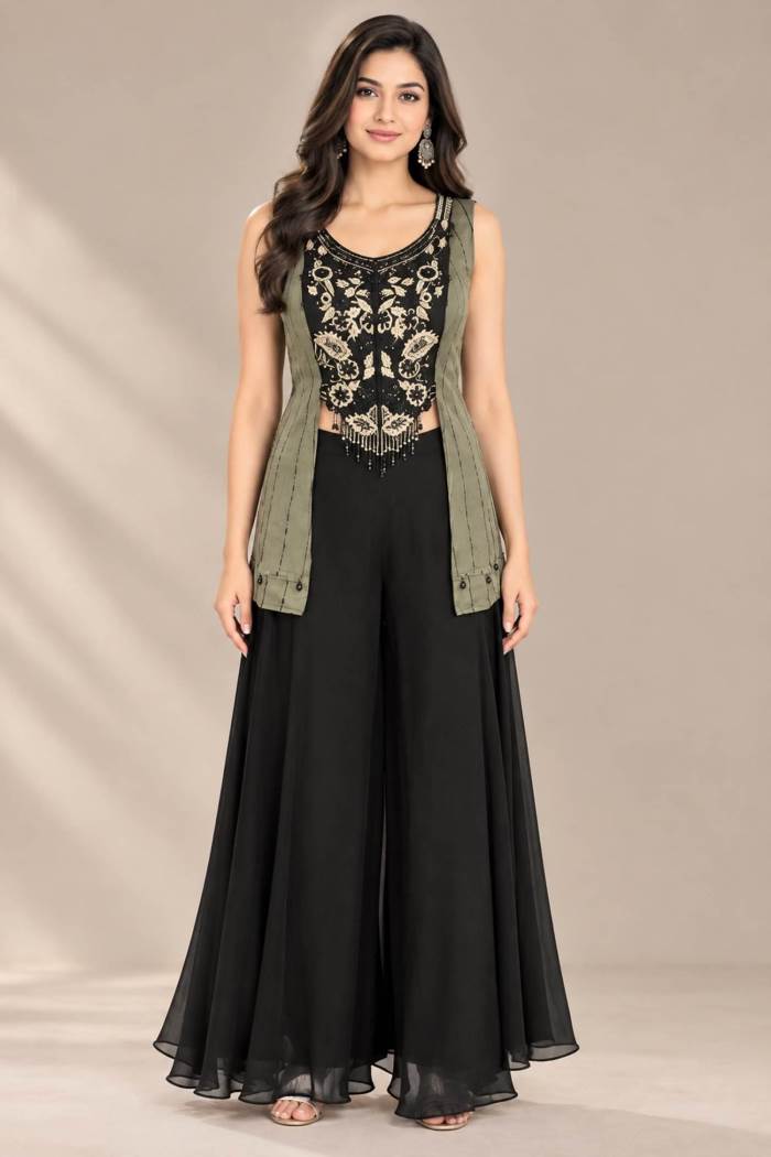 Black Color Party Wear Designer Plazo Suit