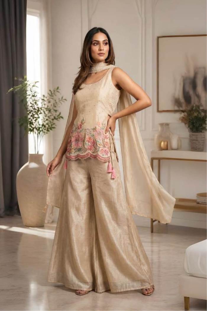 Cream Color Party Wear Designer Short Plazo Suit