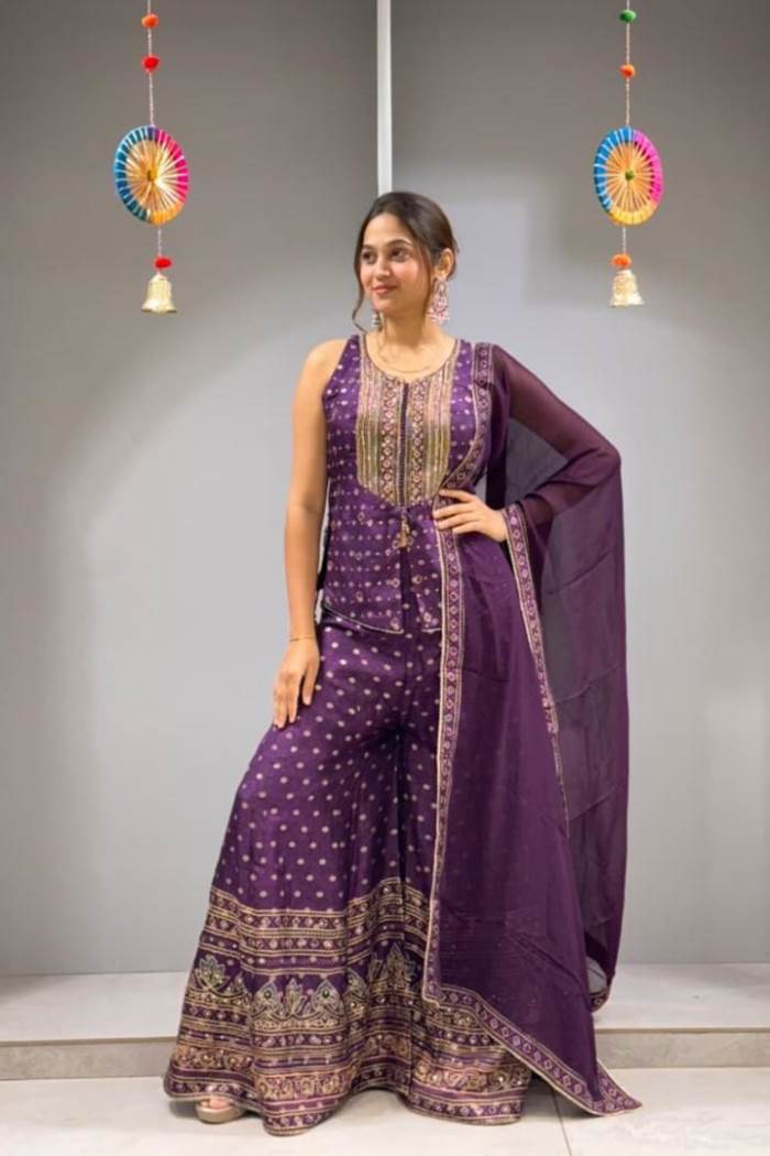 Purple Color Designer Spaghetti style Plazo suit