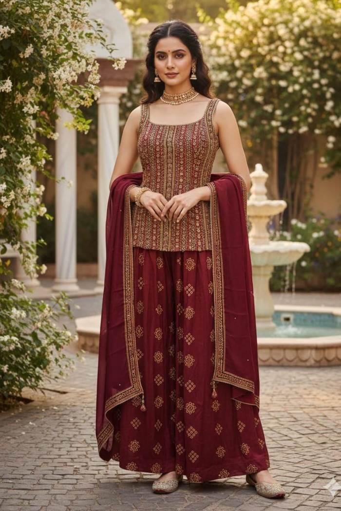 Maroon Color Party Wear Desiger Plazo Suit