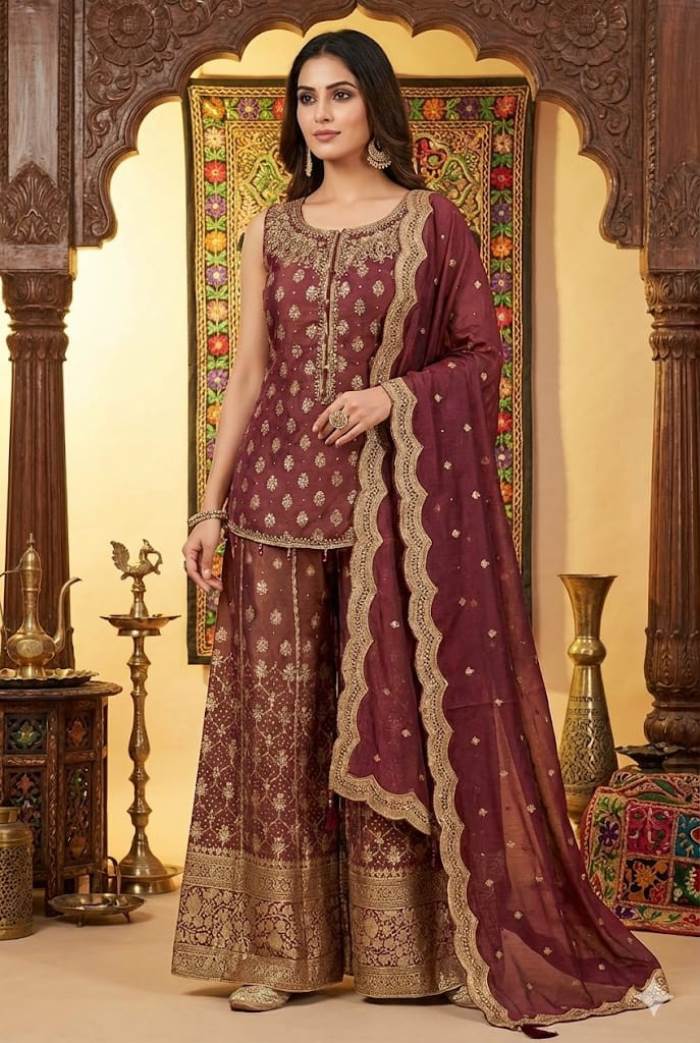 Maroon Color Party Wear Desiger Plazo Suit