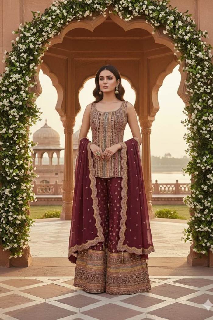 Maroon Color Party Wear Designer Plazo Suit
