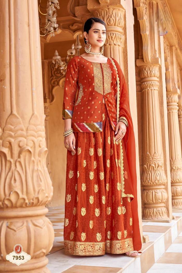 Rust Color Party Wear Designer Plazo Suit