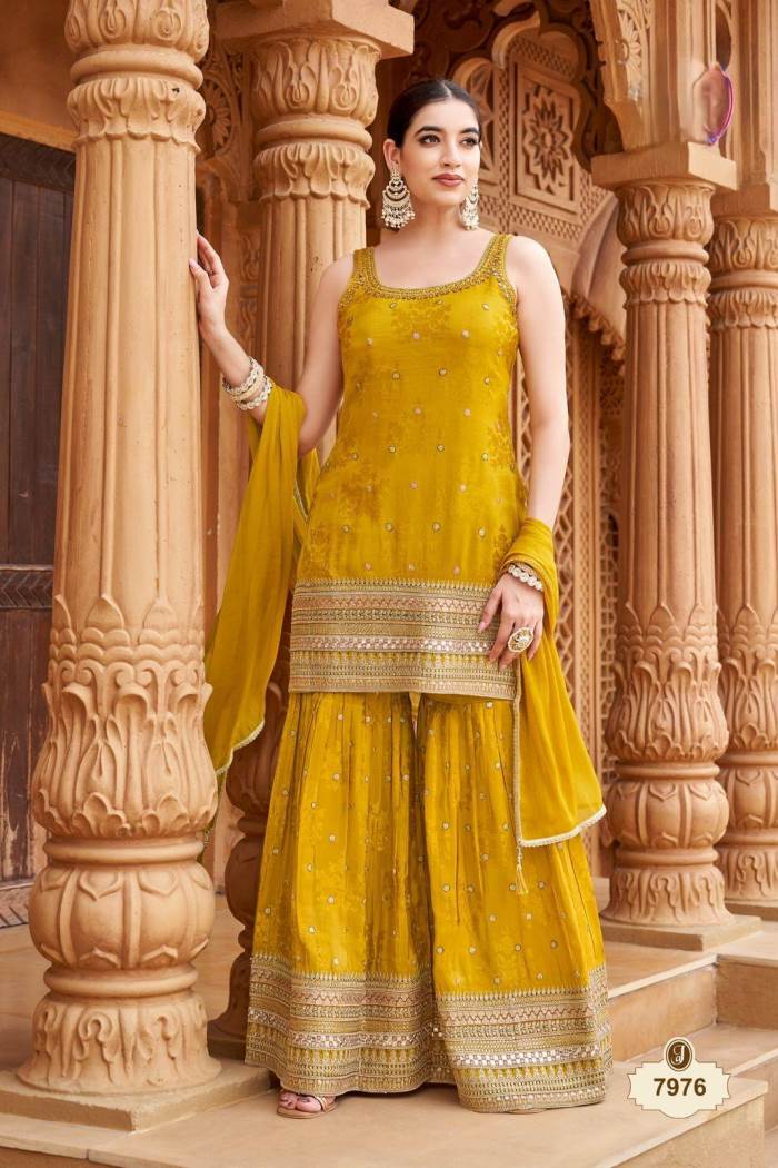 Mustard Color Party Wear Designer Plazo Suit
