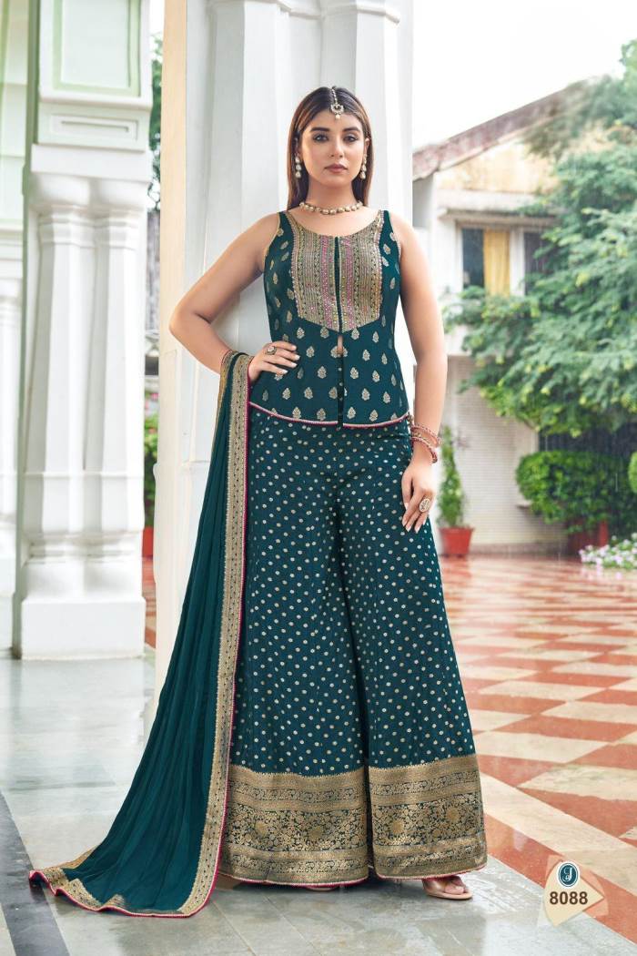 Peacock Blue Color Party Wear Designer Plazo Suit