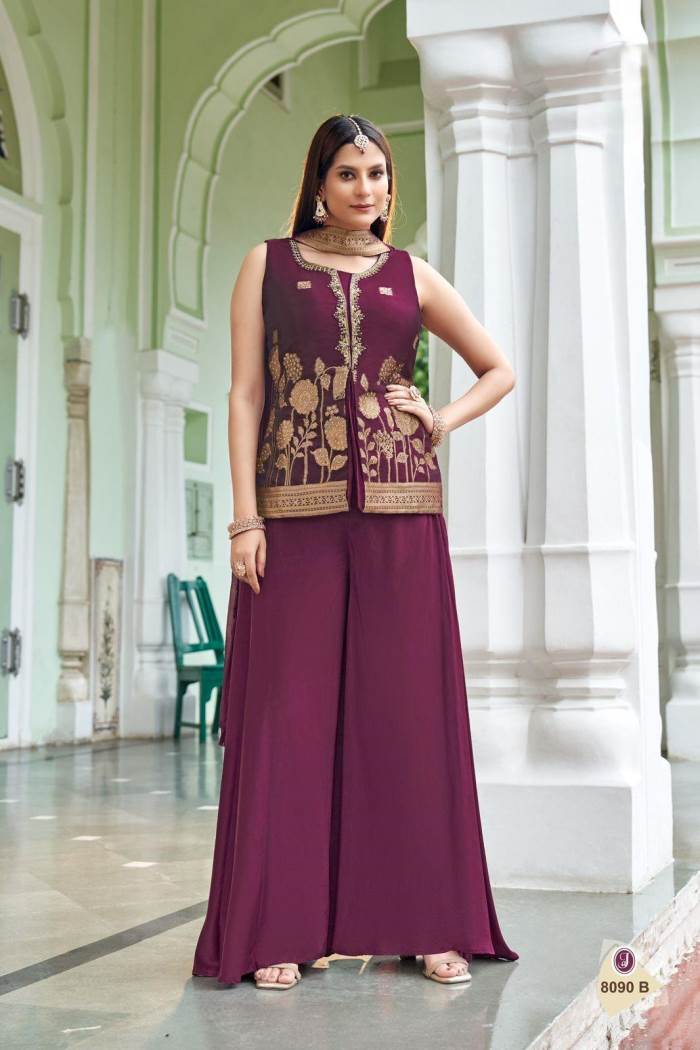 Wine Color Party Wear Designer Plazo Suit