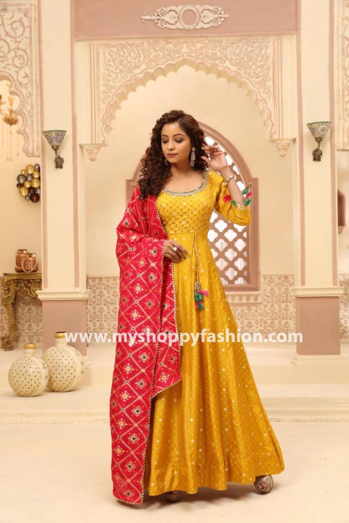 Mustard Color Party Wear Gown with Rani Color Dupatta