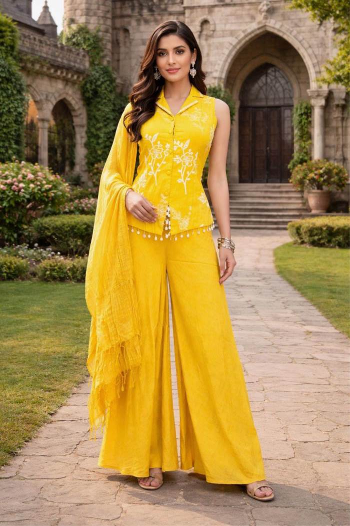Yellow Color Party Wear Designer Plazo suit