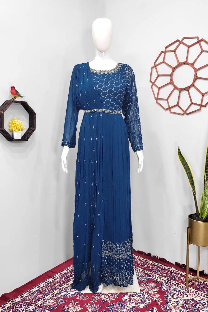 Peacock Blue Color Party Wear Designer Gown Kurti