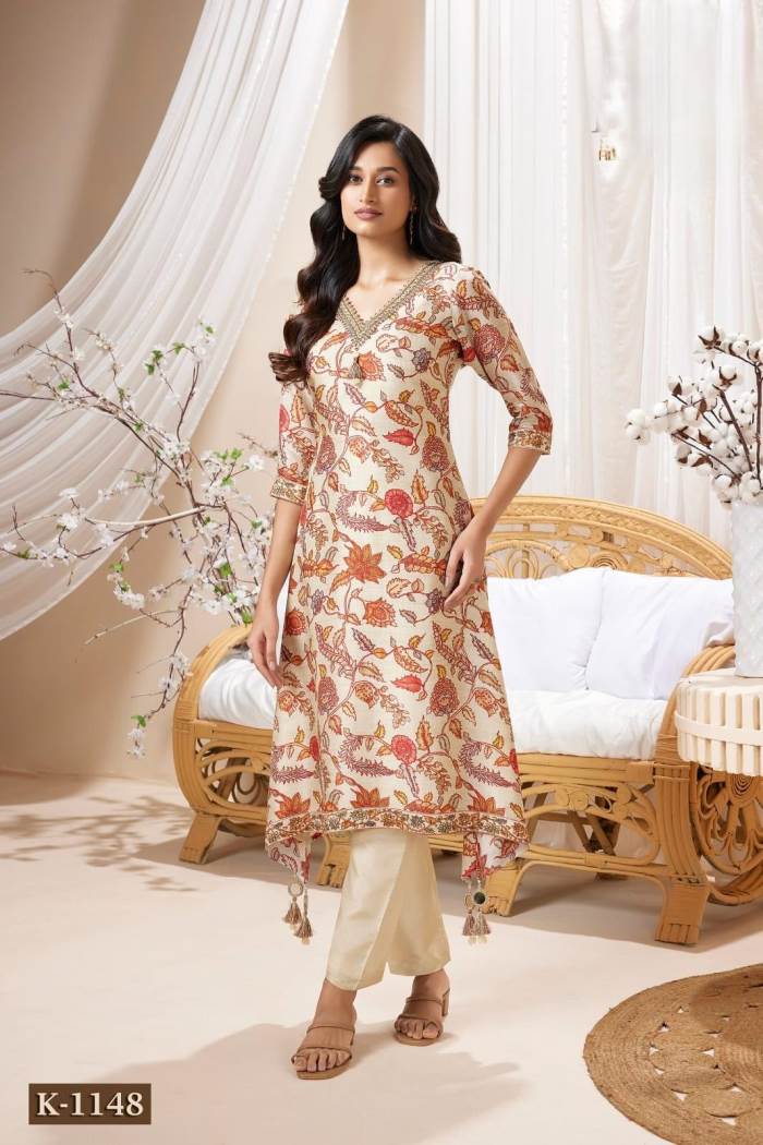 Cream  Color Party Wear Designer Kurti Set