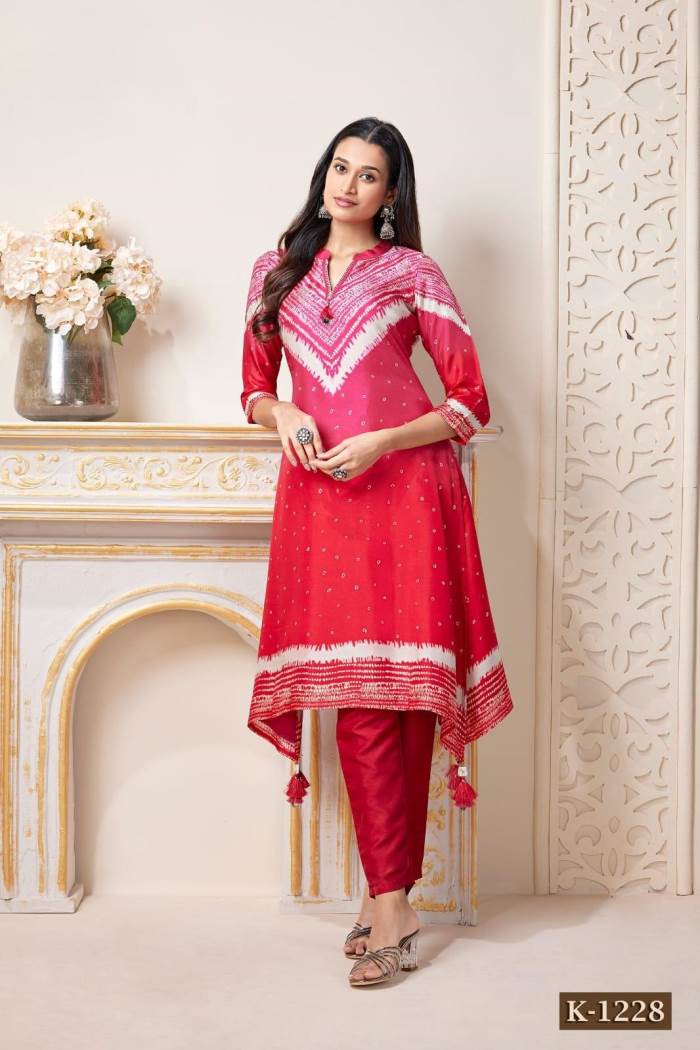 Red Color Party Wear Designer Straight Kurti Set