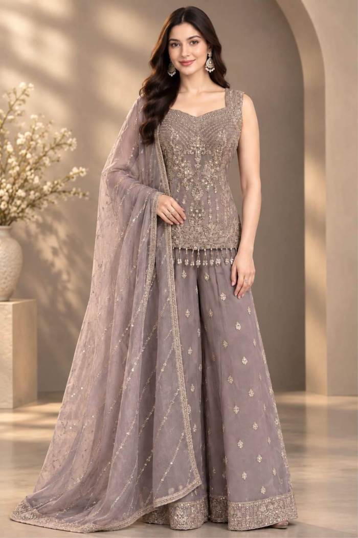 Onion Color Party Wear Designer Short Plazo Suit