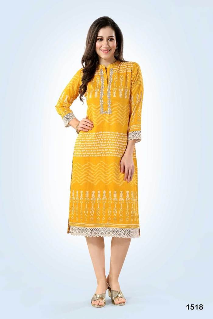 Yellow Color Party Wear Designer Straight Kurti